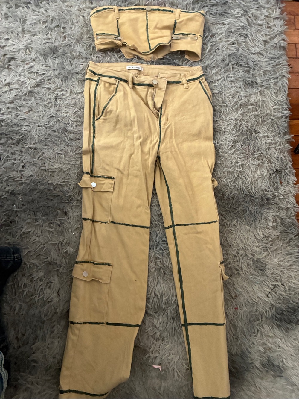 Tan Women's Cargo Jeans with Dark Green Accent Trim